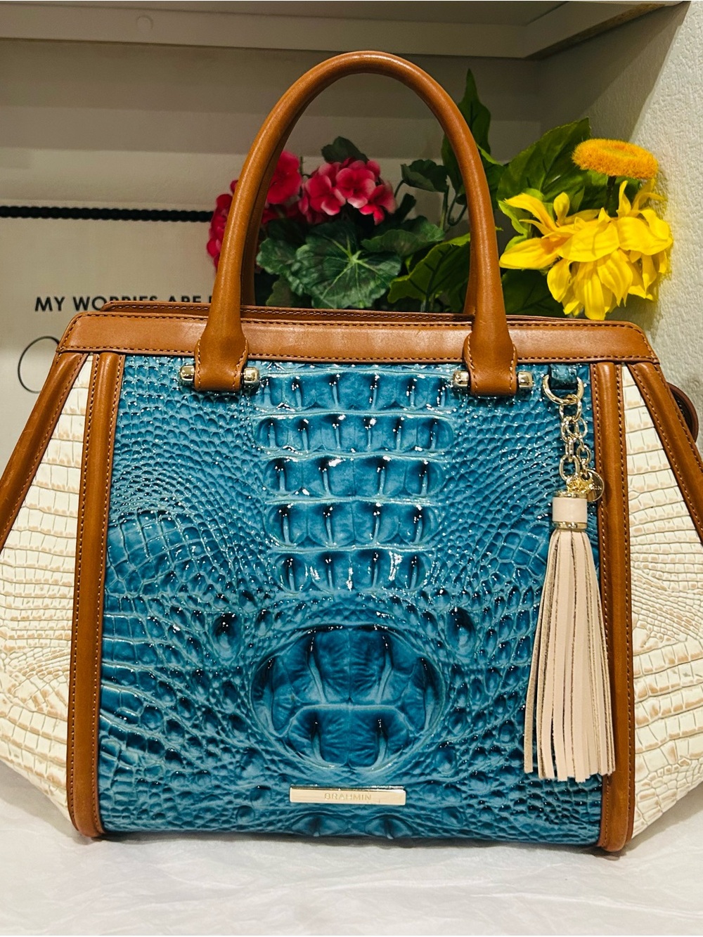 Brahmin Teal Croc-Embossed Satchel with Tan Trim and Cream Panels